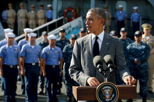 U.S. President Barack Obama delivers remarks after touring the BRP Gregorio Del Pilar at Manila Harbor in Manila, Philippines, November 17, 2015. The ship served as a U.S. Coast Guard cutter until 2011, when it was purchased by the Philippine Navy upon its decommission. REUTERS/Jonathan Ernst