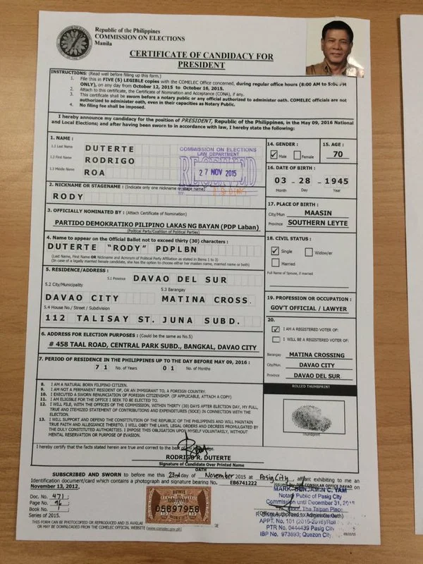 The certificate of candidacy for president of Davao City Mayor Rodrigo Duterte. Jocelyn Uy/Philippine Daily Inquirer Read more: http://newsinfo.inquirer.net/742992/duterte-makes-presidential-bid-official-files-coc#ixzz3sfiiJG9S Follow us: @inquirerdotnet on Twitter | inquirerdotnet on Facebook